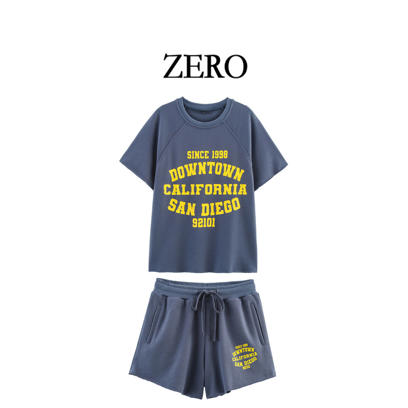 Zero Homemade European and American Clothing Za Printed Washed New Effect Velvet Casual Short-Sleeved Shorts Sweatshirt Suit