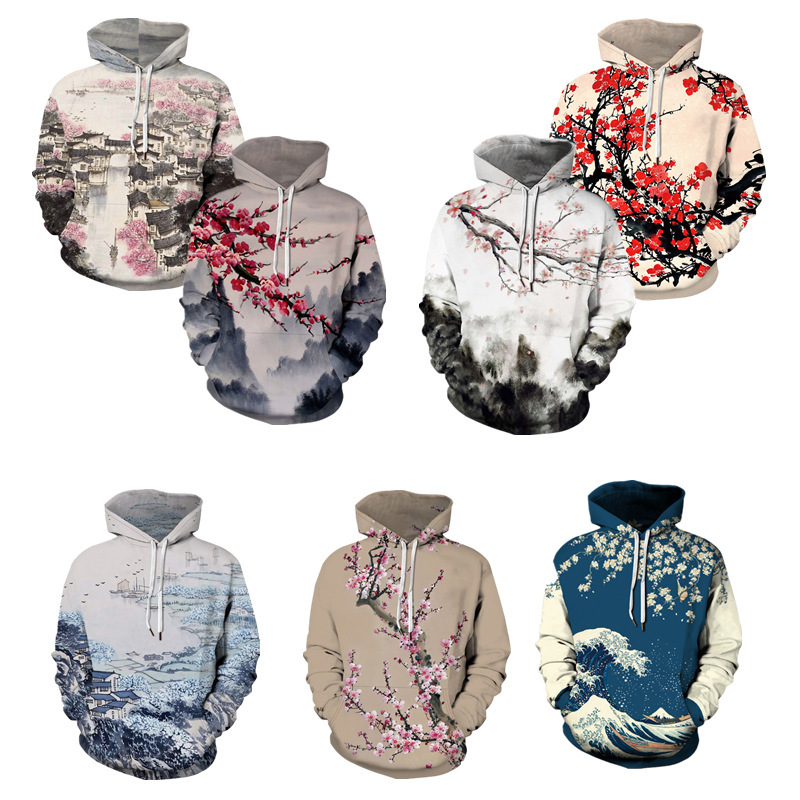 Plum blossom landscape painting new arrival men's and women's adult sweater fashion peripheral 3D digital printing loose pullover sweater