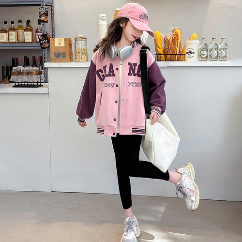 Women's Spring and Autumn 2024 New Children's Stylish Color-blocked Spring Top for Older Children, Spring Baseball Jacket