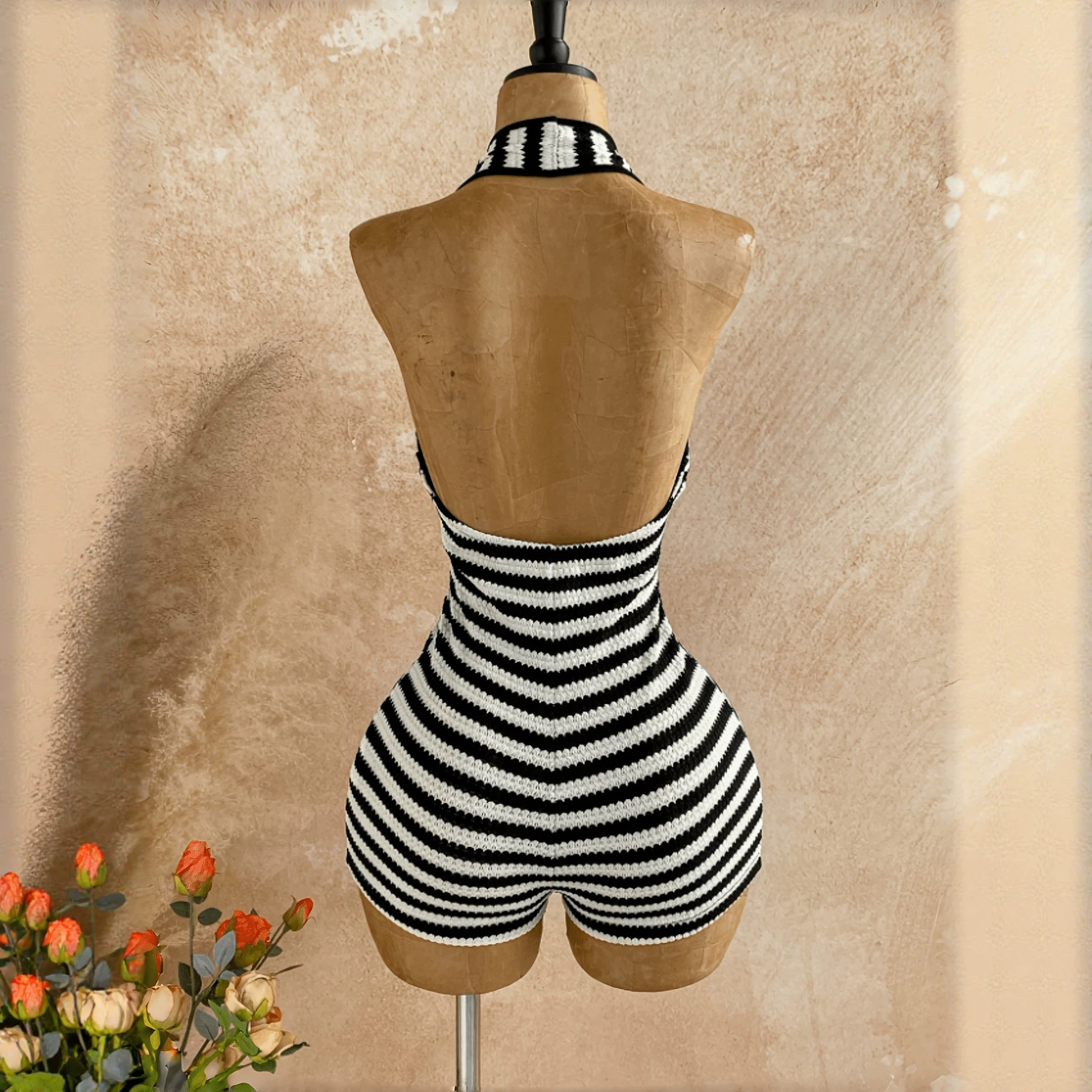 Black & White Striped Halter Neck Bodysuit - Cutout Design Jumpsuit For Women, Sexy Backless Summer Outfit With Waist Accent_ecoleips.com