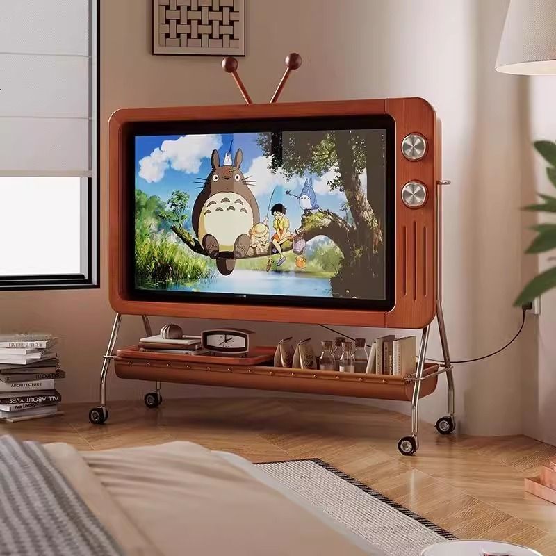 Antique Style Mobile TV Cabinet with Roller Small Apartment Living Room Bedroom Household Solid Wood TV Bracket Nordic Style