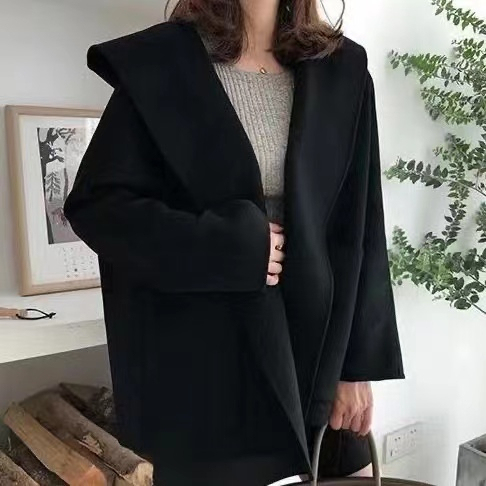 温柔风连帽毛呢外套女秋季季简约纯色小个子斗篷外穿无扣开衫风衣|undefined