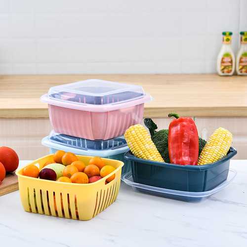 Double-layer vegetable washing basket with drainage lid, dustproof, portable fruit plate, refrigerator, kitchen vegetable preservation box, storage box