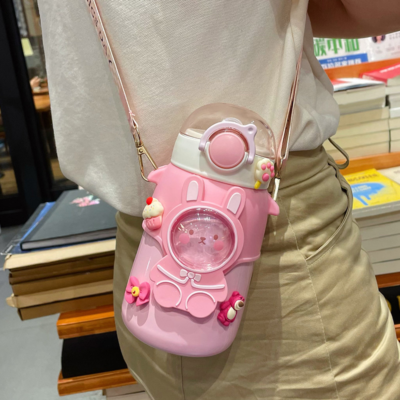 New cute and high-looking cartoon thermos cup with straw and big belly 316 stainless steel children's strap insulated water cup