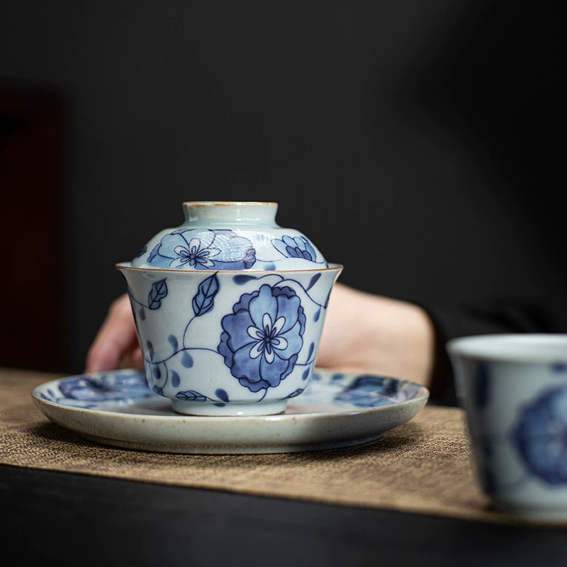 Retro blue and white ceramic tea set, tea cup, gift box in gift box