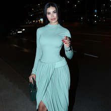 欧美跨境秋冬新款女装时尚拼接纯色长袖修身褶皱开叉性感连衣裙