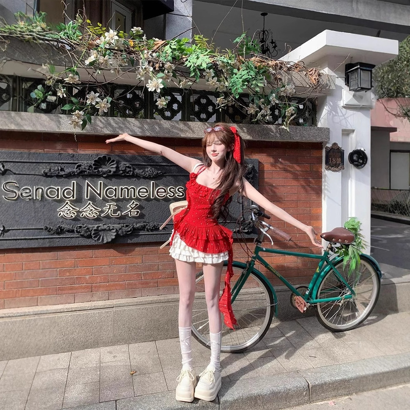 Sweet Hot Girl Red Flower Camisole Women's Summer Ruffled Slim Sleeveless Outerwear Design Beautiful Top