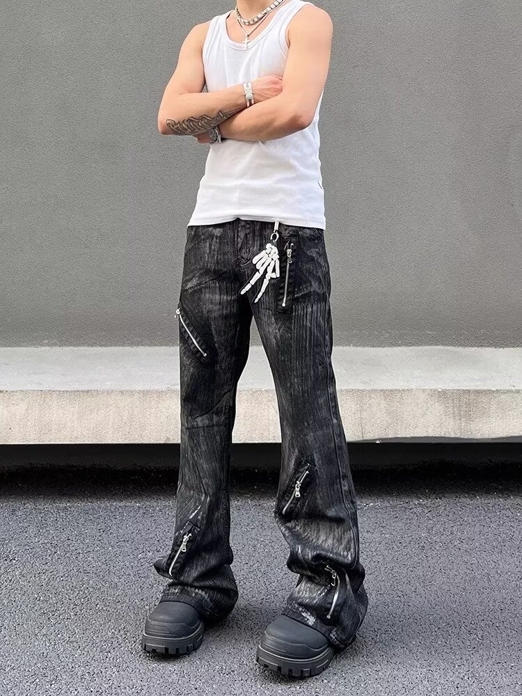 Men's Retro Distressed Flared Jeans High Street Style Loose Fit Zipper Design Cool And Edgy Long Pants_mkmklike.com
