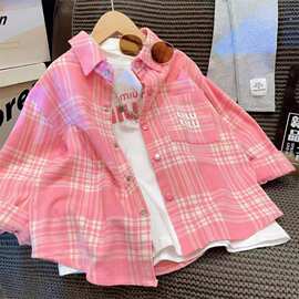定制2025新款春装儿童网红洋气时髦长款衬衫春季女孩网红衣服女童