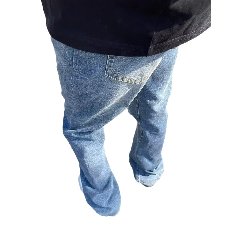 light blue Scimitar Jeans Boys Straight Slim-fit Belt 2024 Autumn New American High Street Micro-pants