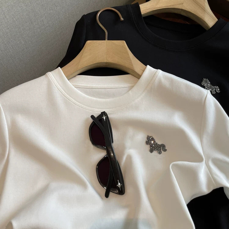 So Comfortable to Wear!!! High-Quality Recommendation~ 2026 Early Spring Basic Style Brushed Fabric Rhinestone Pony Short-Sleeve T-Shirt for Women So Comfortable to Wear!!! High-Quality Recommendation~ 2026 Early Spring Basic Style Brushed Fabric Rhinestone Pony Short-Sleeve T-Shirt for Women
