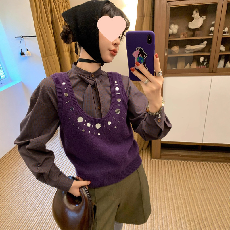 Le Rouge Zhou Meimei [New Product at 8Pm on the 10Th] Wool U-Neck Show Lens Decorated Layered Vest