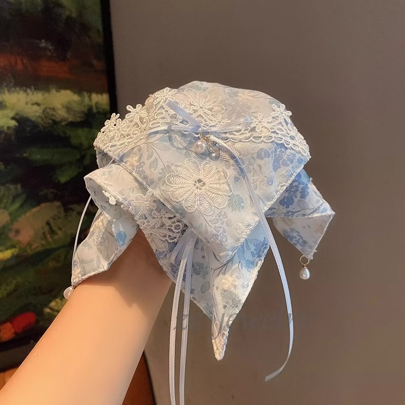 新しい韓国風の甘い青い刺繍花蝶ポニーテールクリップ、年齢を減らす後頭部パールグリッパーヘアクリップ