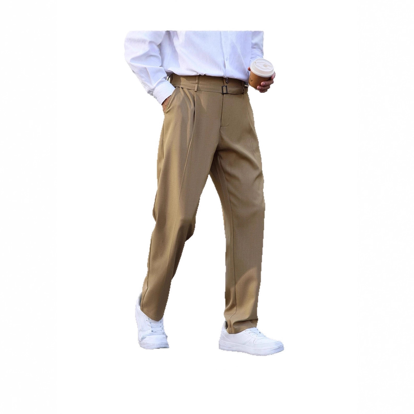Cross-Border Spring and Autumn Loose Retro Versatile Men's Light Business Solid Color Single Pleat Decorative Belt Trousers