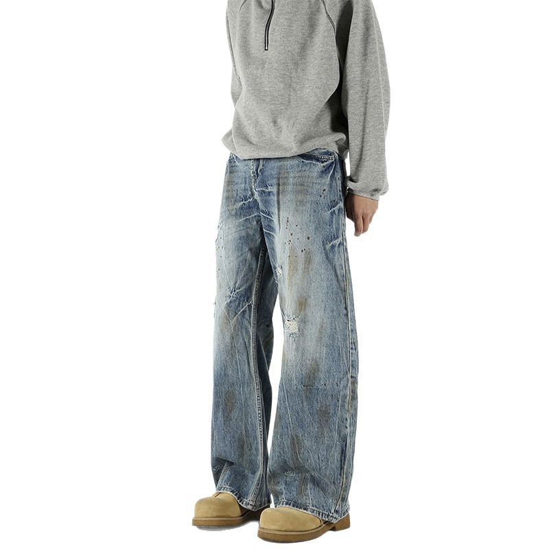 Retro americano cleanfit sickle jeans tendencia suelta recto agujero vibe cimeta pantalones sucios