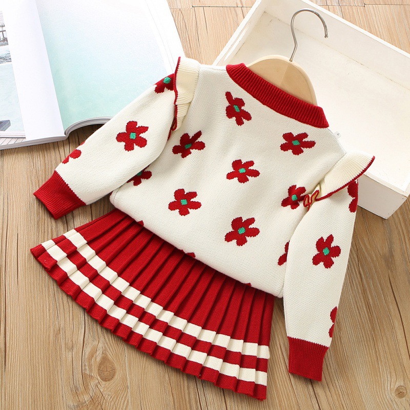 Mädchen Pullover 2023 Herbst/Winter Neue Koreanische Version Fasable Blume Gestrickte Plissee Prinzessin Kleid Zwei Stück Set_voghion.com