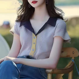 香芋紫翻领短袖t恤女2025夏季新款法式小香风上衣洋气显瘦针织衫
