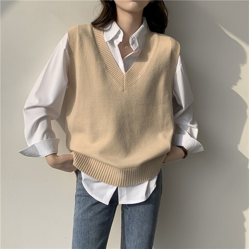 Spring new loose fashion lazy style pullover v-neck stacked vest vest sleeveless knitted waistcoat sweater for women