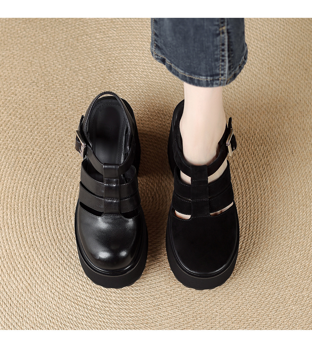 Sandal cao gót nữ mũi kín quai T đế xuồng phong cách La Mã — Da cừu lông đen, Da bò đen chi tiết 12