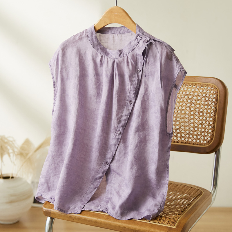 Cotton Cocoon Round Neck Diagonal Collar Ramie Blouse for Women, Summer 2026 Thin Style, Artistic Versatile Elegant Fashion Solid Color Blouse Cotton Cocoon Round Neck Diagonal Collar Ramie Blouse for Women, Summer 2026 Thin Style, Artistic Versatile Elegant Fashion Solid Color Blouse
