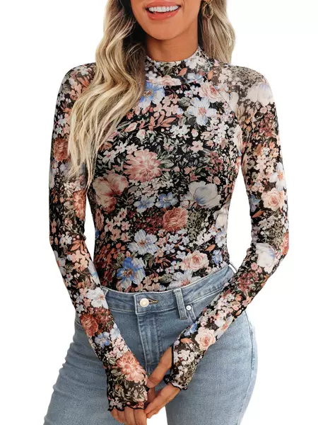 2025 European and American Amazon Floral Mesh Round Neck Long-Sleeve Mesh Top with Thumb Holes, Fashionable Autumn Base Shirt Top