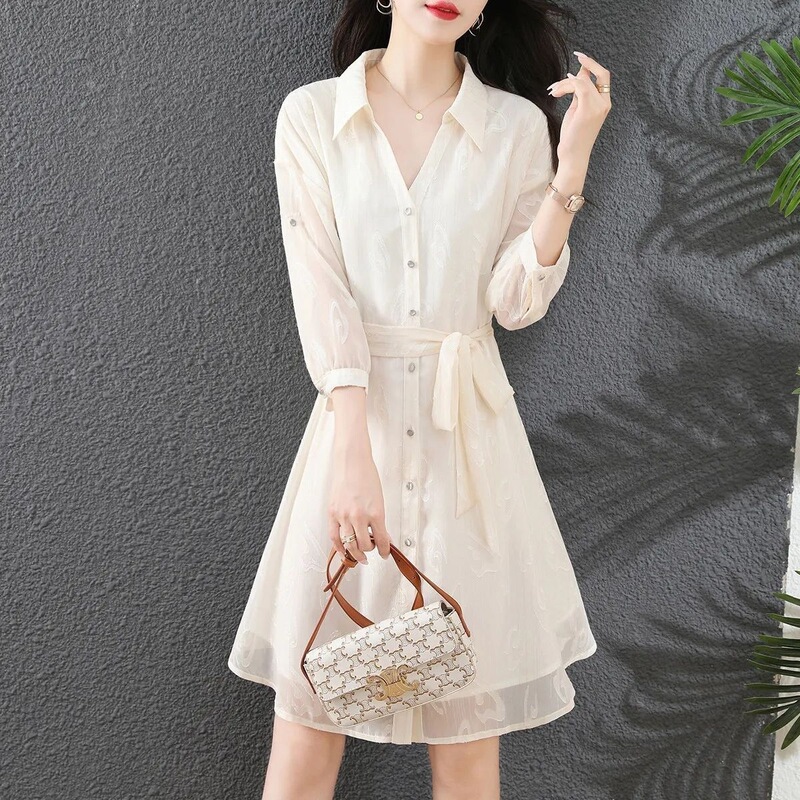 2026 French-Style Elegant Waist-Cinching Dress, New Summer Model with Tie, Slimming and Fashionable Commuter Shirt Dress, A-Line Dress 2026 French-Style Elegant Waist-Cinching Dress, New Summer Model with Tie, Slimming and Fashionable Commuter Shirt Dress, A-Line Dress