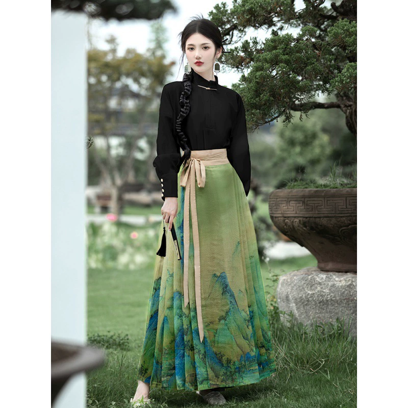 Топ с юбкой для лошади летняя универсальная Повседневная рубашка с длинным рукавом и воротником-стойкой Женская одежда в стиле ретро в национальном стиле новая рубашка в китайском стиле