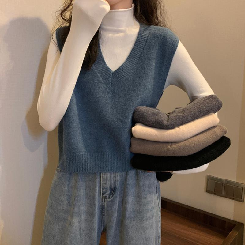 Knitted Sweater Vest Small Waistcoat Vest Jacket Women's Autum Collar Short Korean Style Autum and Winter Coffee Color Outer Wear