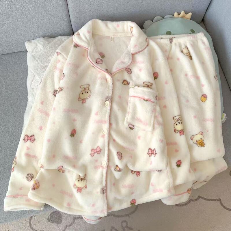 New autumn and winter flannel cartoon cute Rilakkuma pajamas for women, sweet and girly, with added fleece and thickened for warmth, home wear New autumn and winter flannel cartoon cute Rilakkuma pajamas for women, sweet and girly, with added fleece and thickened for warmth, home wear