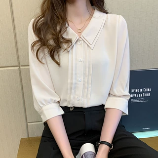 双层娃娃领衬衫女设计感小众2026夏新款韩版五分袖雪纺衫
