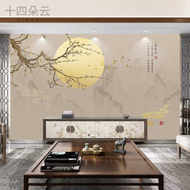 新中式山水云纹背景墙壁纸花鸟金月亮客厅书房电视墙壁画墙纸