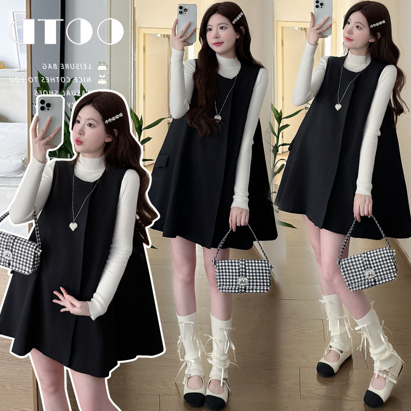 Pregnant women's autumn and winter loose, simple, stylish, sweet, versatile tank dress and trendy mom cape dress with long-sleeve base shirt two-piece set