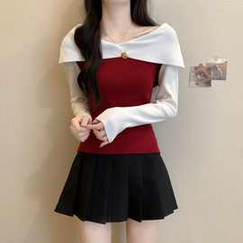 设计感韩系撞色一字肩长袖针织衫女秋冬季新款洋气酒红色内搭上衣