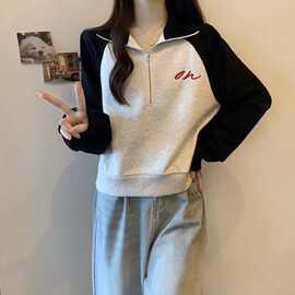 美式拉链短款polo领卫衣女2025春装新款韩版小个子宽松长袖上衣潮