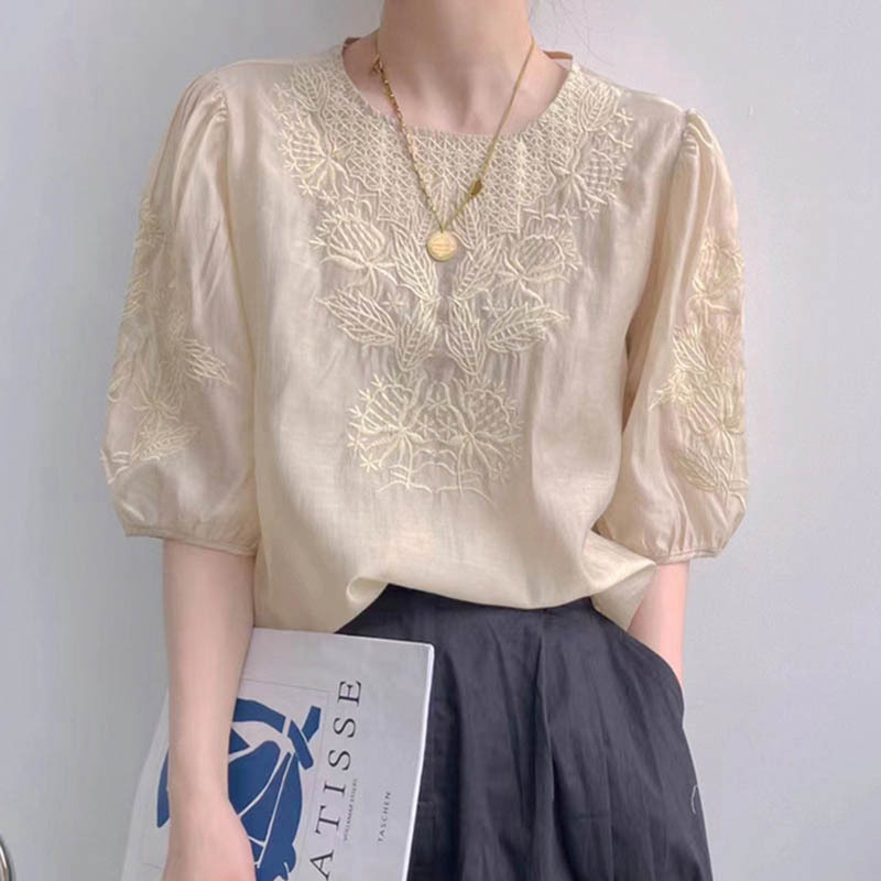 Heavy Embroider Imitation Tencel Shirt for Women Summer Thin Fashionable Puff Sleeve Top Round Neck Three-Quarter Sleeve Shirt