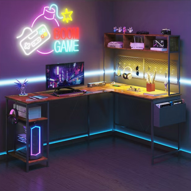 L-shaped gaming desk with LED lights and power outlets, reversible computer corner desk with storage shelves and hanging board L-shaped gaming desk with LED lights and power outlets, reversible computer corner desk with storage shelves and hanging board