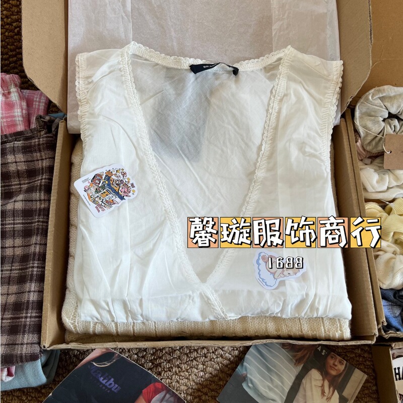 BM风 白色花边V领无袖背心上衣女夏季新款bm百搭收腰系带显瘦短袖|undefined