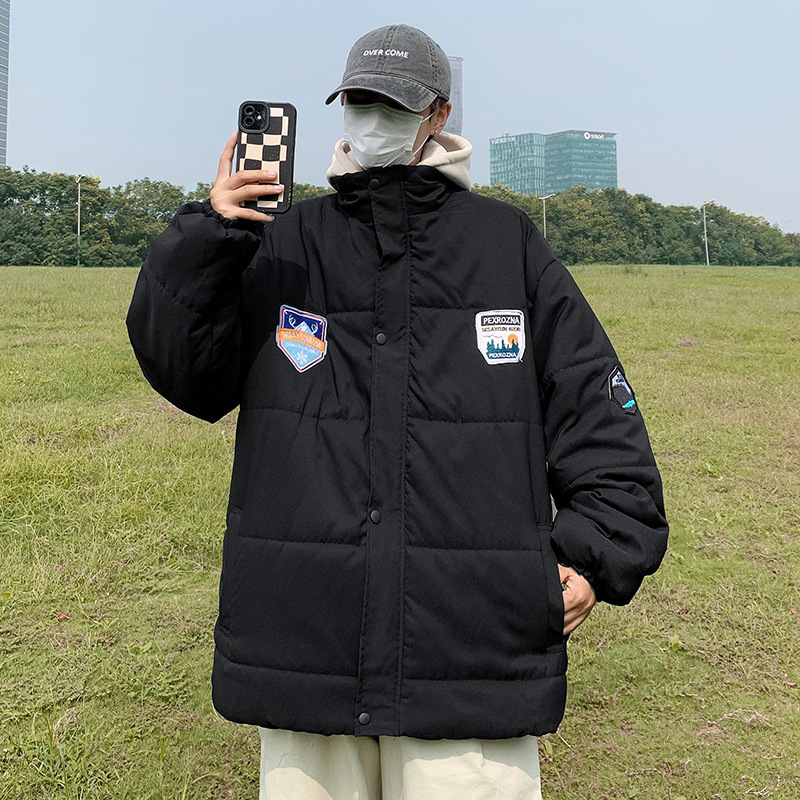 가짜 2 피스 코튼 패딩 의류 남성 2024 겨울 핸즈름 두꺼운 후드 다운 재킷 코트 루즈 트렌디 커플 옷