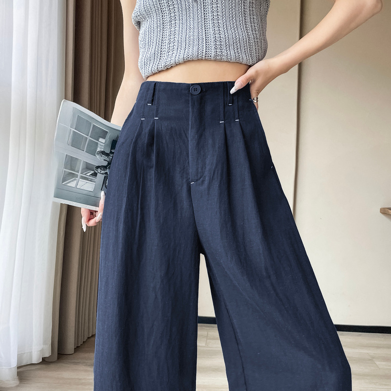 藏青色天丝亚麻裤子女夏季薄款2025新款棉麻阔腿裤直筒休闲山本裤|undefined