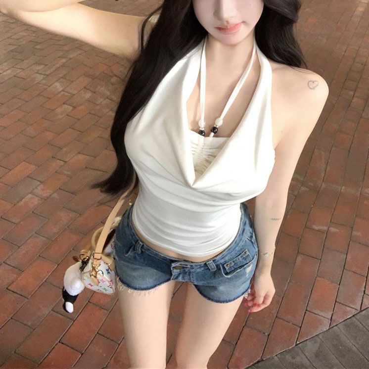 纯欲串珠美背荡领挂脖吊带背心女夏季无袖外穿设计感修身蓝色上衣|undefined