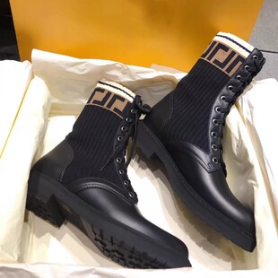 Knitted Stitching Martin Boots Women's 2024 Explosive Round Head Thick Heel Letter Middle Barrel Lace-up Elastic Short Boots Thin Boots Women's