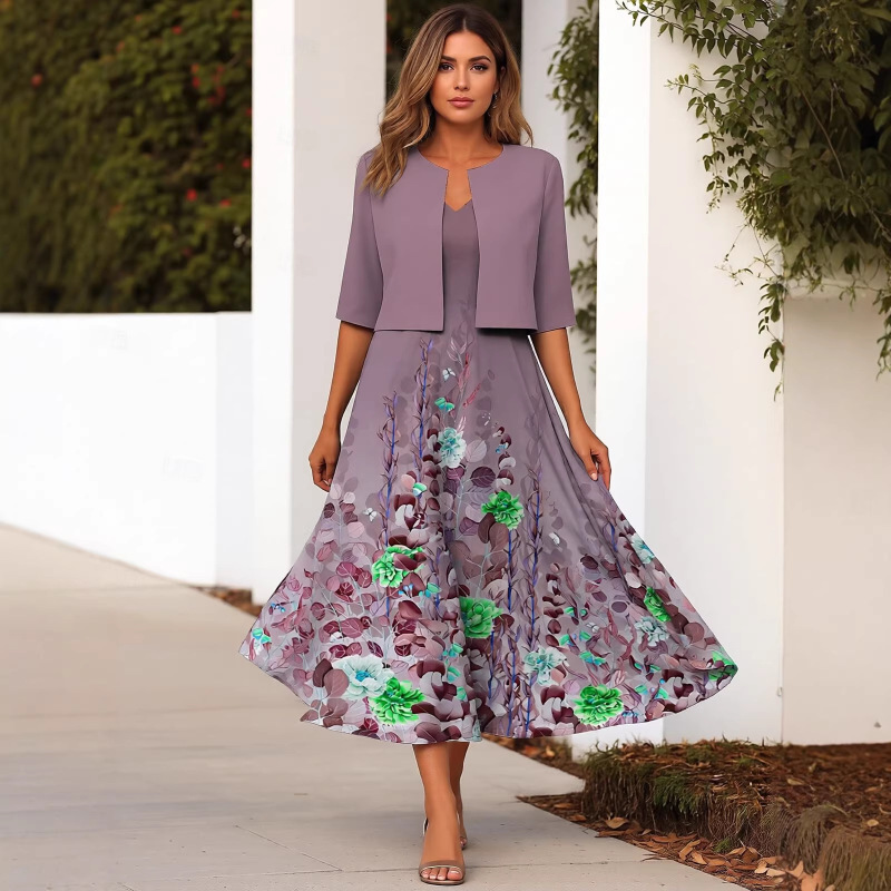 European and American Cross-Border Women's Two-Piece Dress Set with Floral Print, Elegant Half-Sleeve Casual Formal V-Neck, Foreign Trade Supply