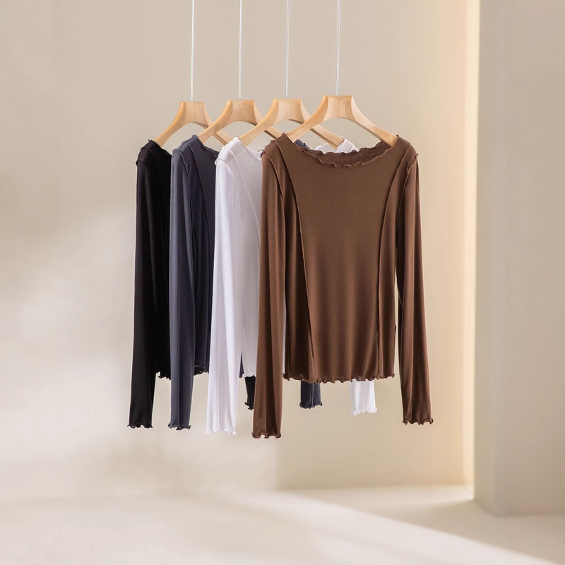 26-Year-Old Tencel Wool French-Style Ruffled Off-The-Shoulder Solid Color Long-Sleeve Women's Round Neck Factory Direct Sale Inner Wear