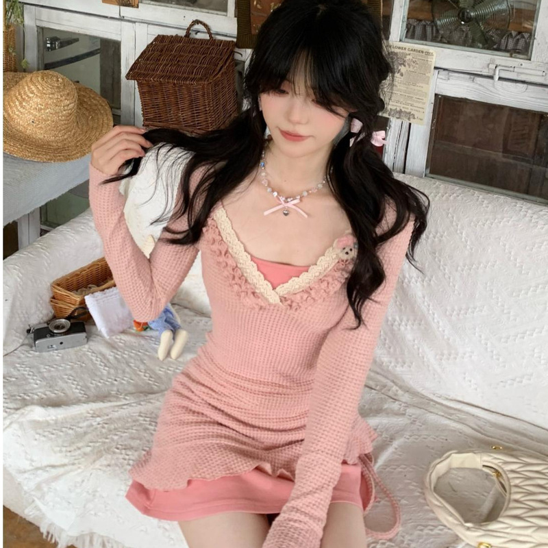 Japanese Style Sweet and Pure Girl's Lace Lace Drawstring Slimming Irregular Slip Skirt Stacked dress Women's Suit