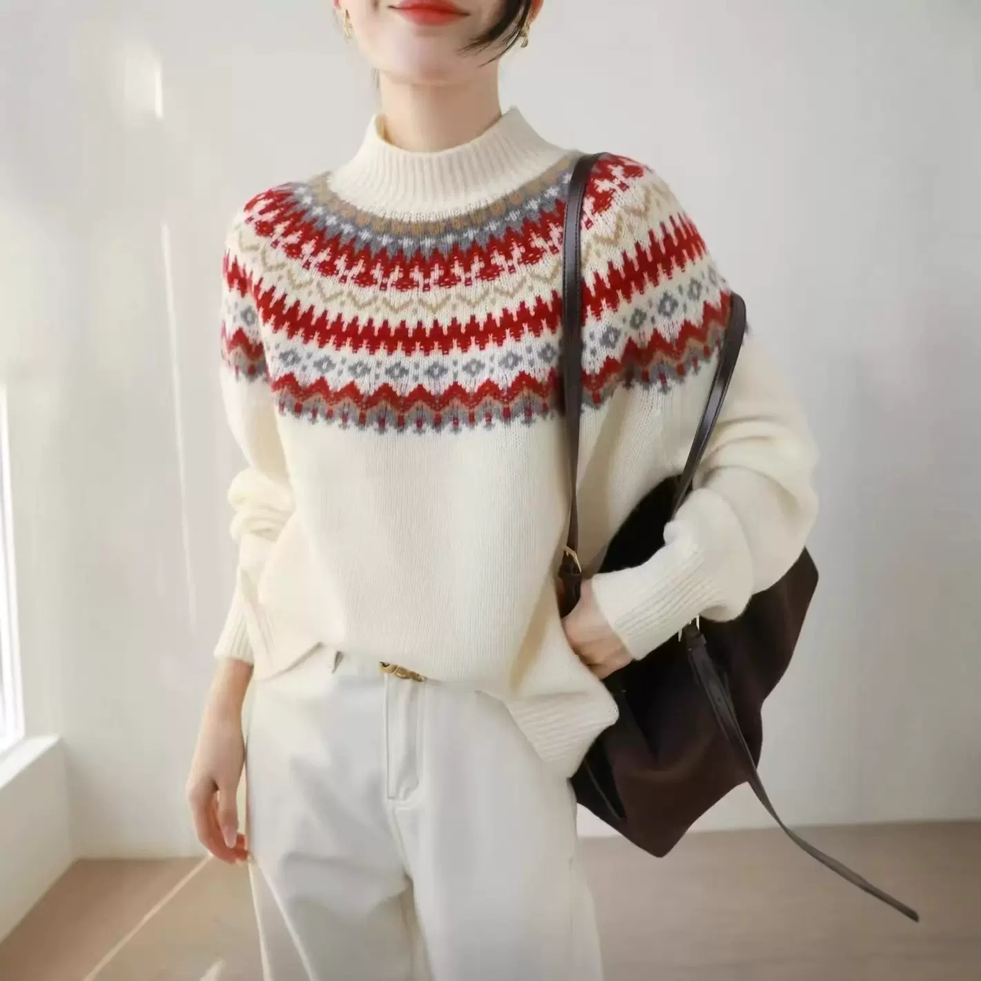 费尔岛100%全羊毛衫女重工提花半高领宽松加厚针织衫套头毛衣打底