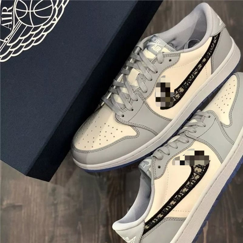 Pure Original Aj1 Diao Shoes Co-Branded Low White Gray Presbyopic Canvas Jacquard Low-Top Sports Men's and Women's Basketball Shoes Pure Original Aj1 Diao Shoes Co-Branded Low White Gray Presbyopic Canvas Jacquard Low-Top Sports Men's and Women's Basketball Shoes
