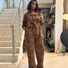 欧美大码女装套装长袖斑马纹不规则衬衫长裤非洲休闲新款两件套女