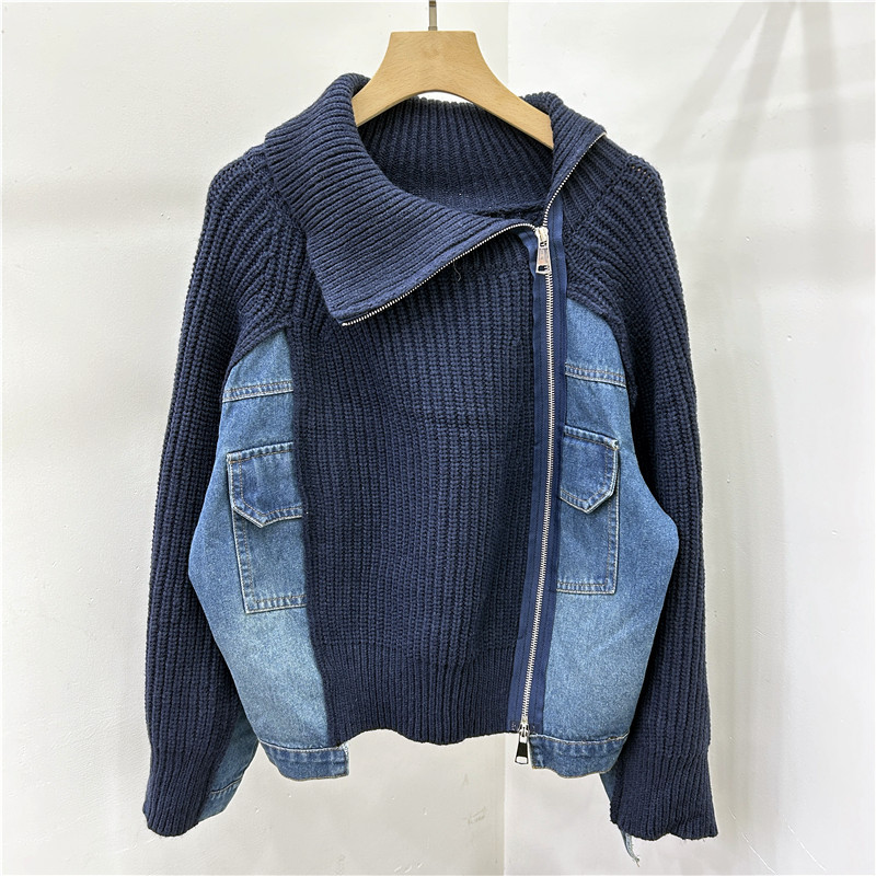 Chaqueta de Punto con Cuello Alto de Mezclilla con Cremallera