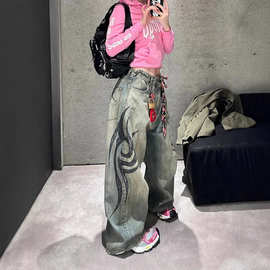 欧美跨境街头辣妹牛仔裤水洗破坏图腾设计感印花阔腿裤宽松长裤女