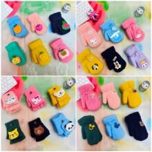 冬季加厚加绒挂脖连指包套手套宝宝保暖半指翻盖手套儿童全指手套